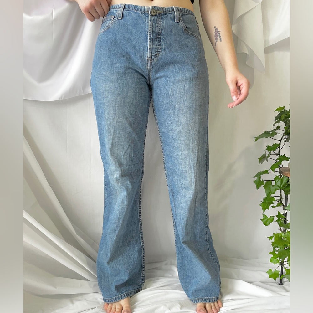 90s Vintage Faded Light Wash Low Rise Flared Jeans - 10